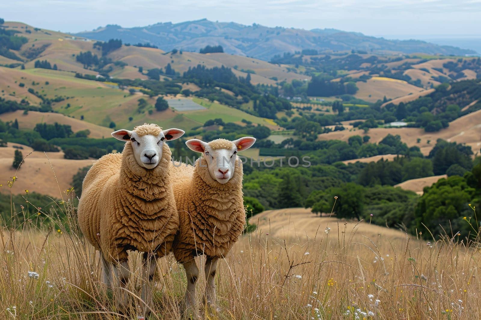 sheep with a farm landscape.