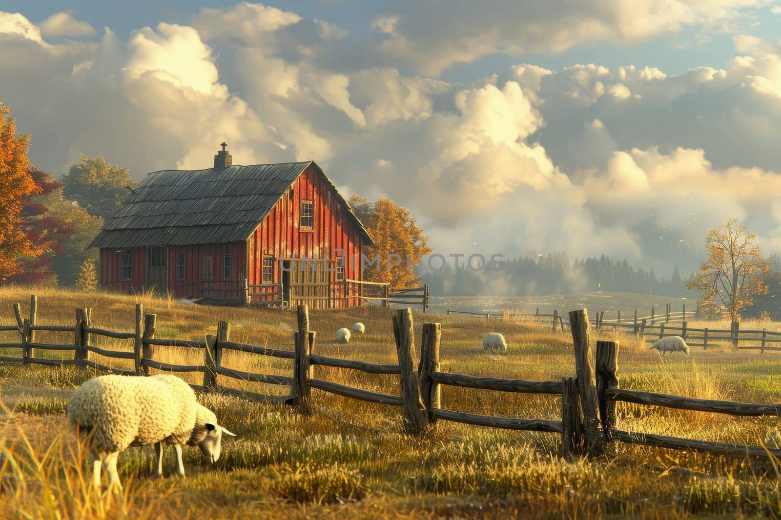 sheep with a farm landscape.