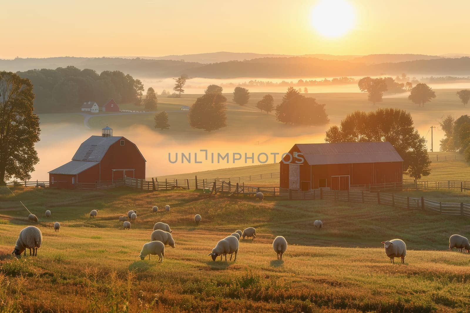 sheep with a farm landscape.