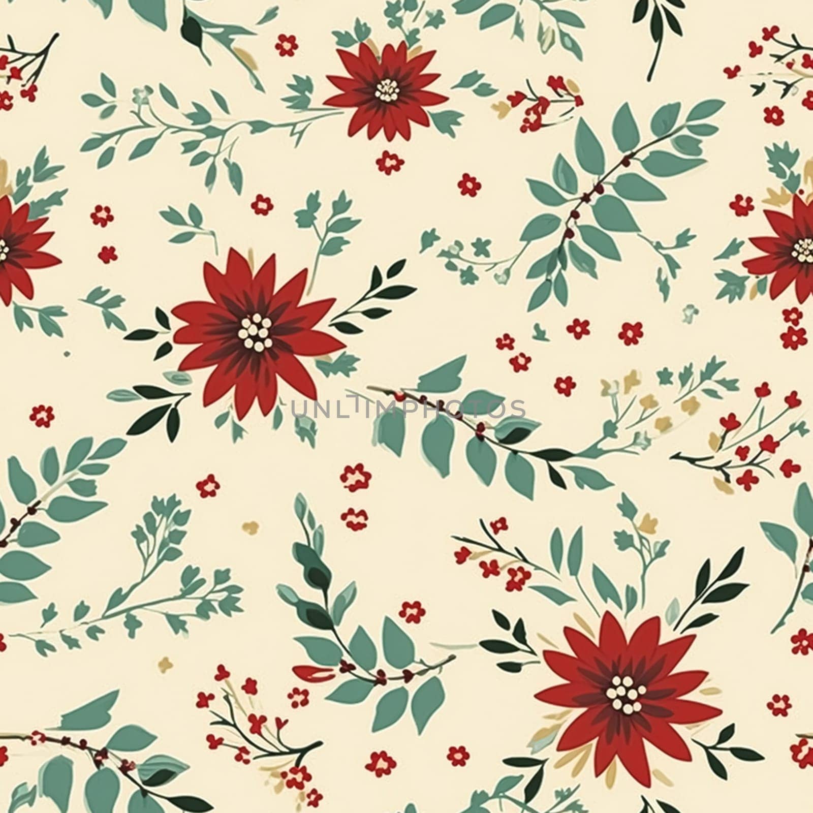 Seamless pattern, tileable vintage holiday botanical poinsettia Christmas country print for wallpaper, wrapping paper, scrapbook, fabric and product design by Anneleven
