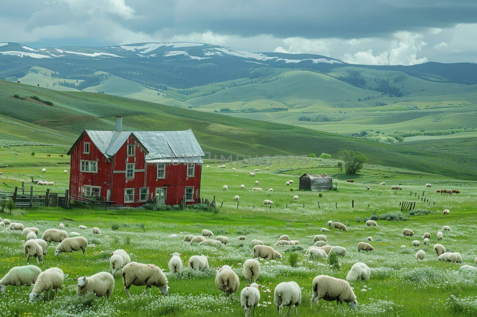 sheep with a farm landscape.