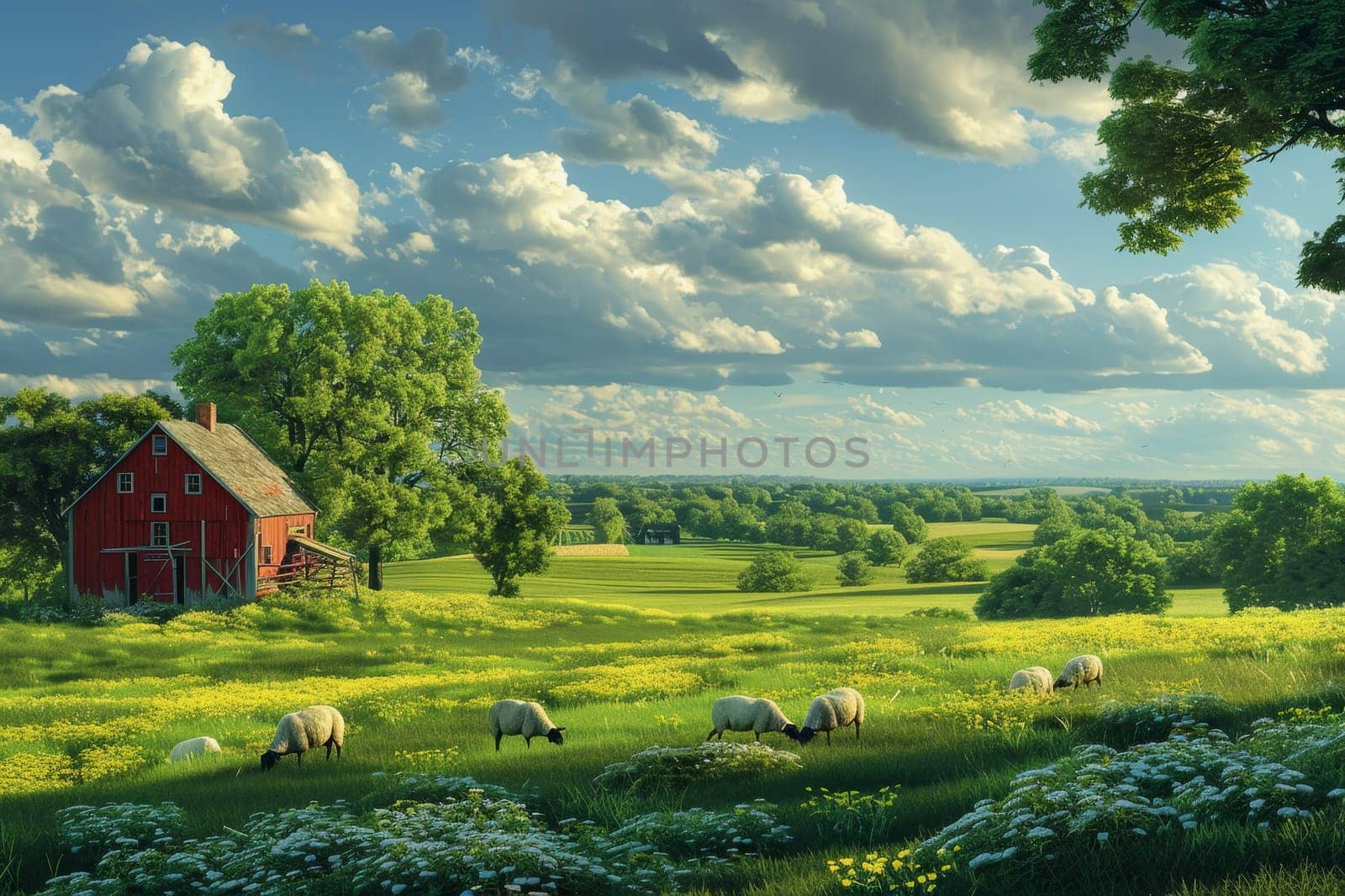 sheep with a farm landscape.