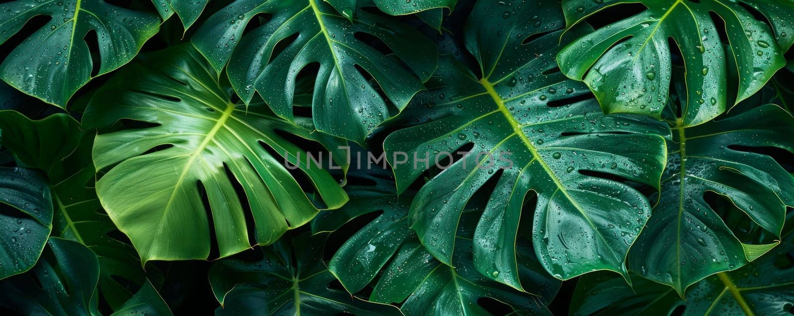 Closeup of Monstera leafs background suitable for wallpaper or to represent as backdrop or mockup. by yom98
