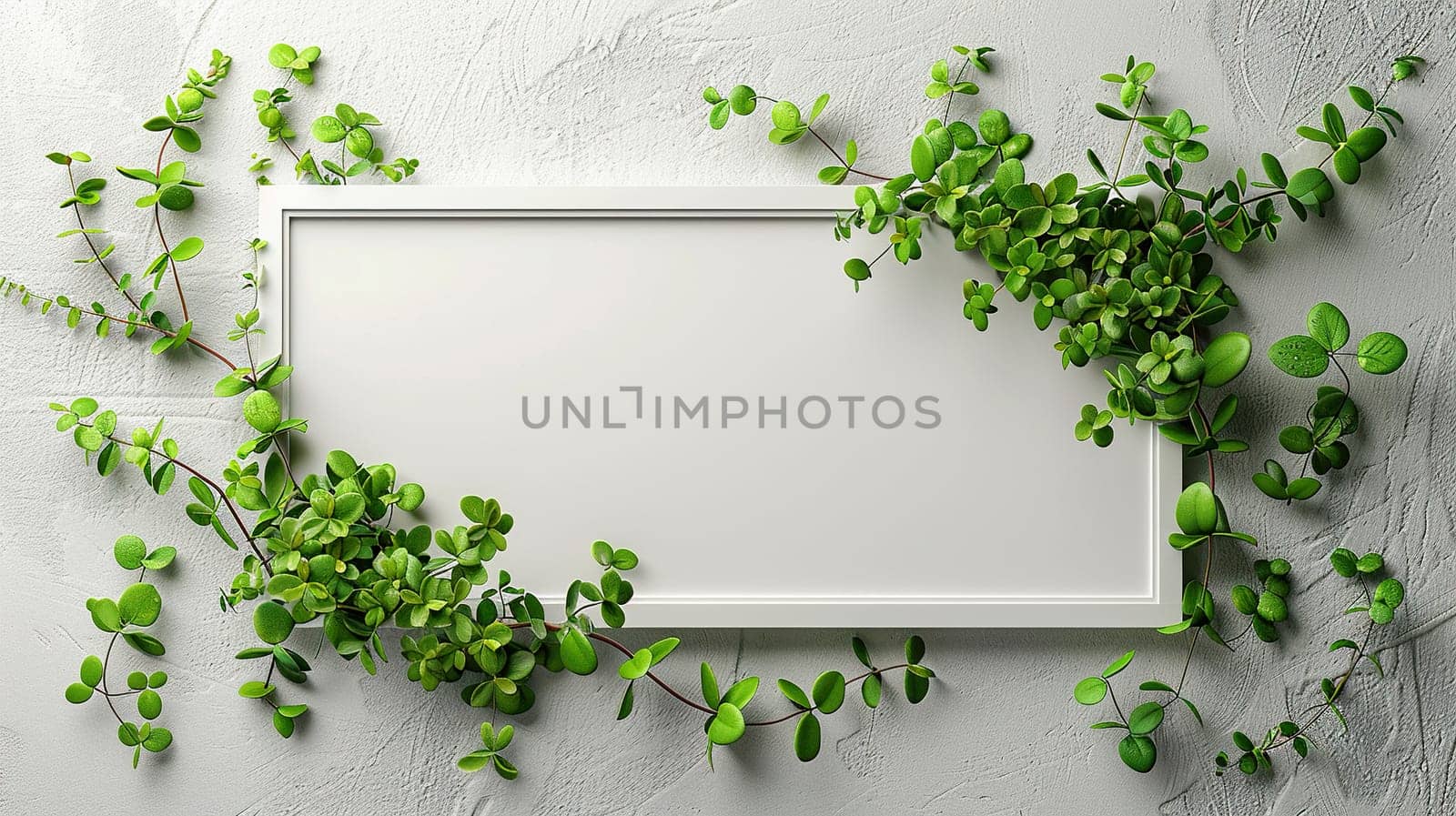Blank white banner with microgreen frame. Generated by artificial intelligence by Vovmar