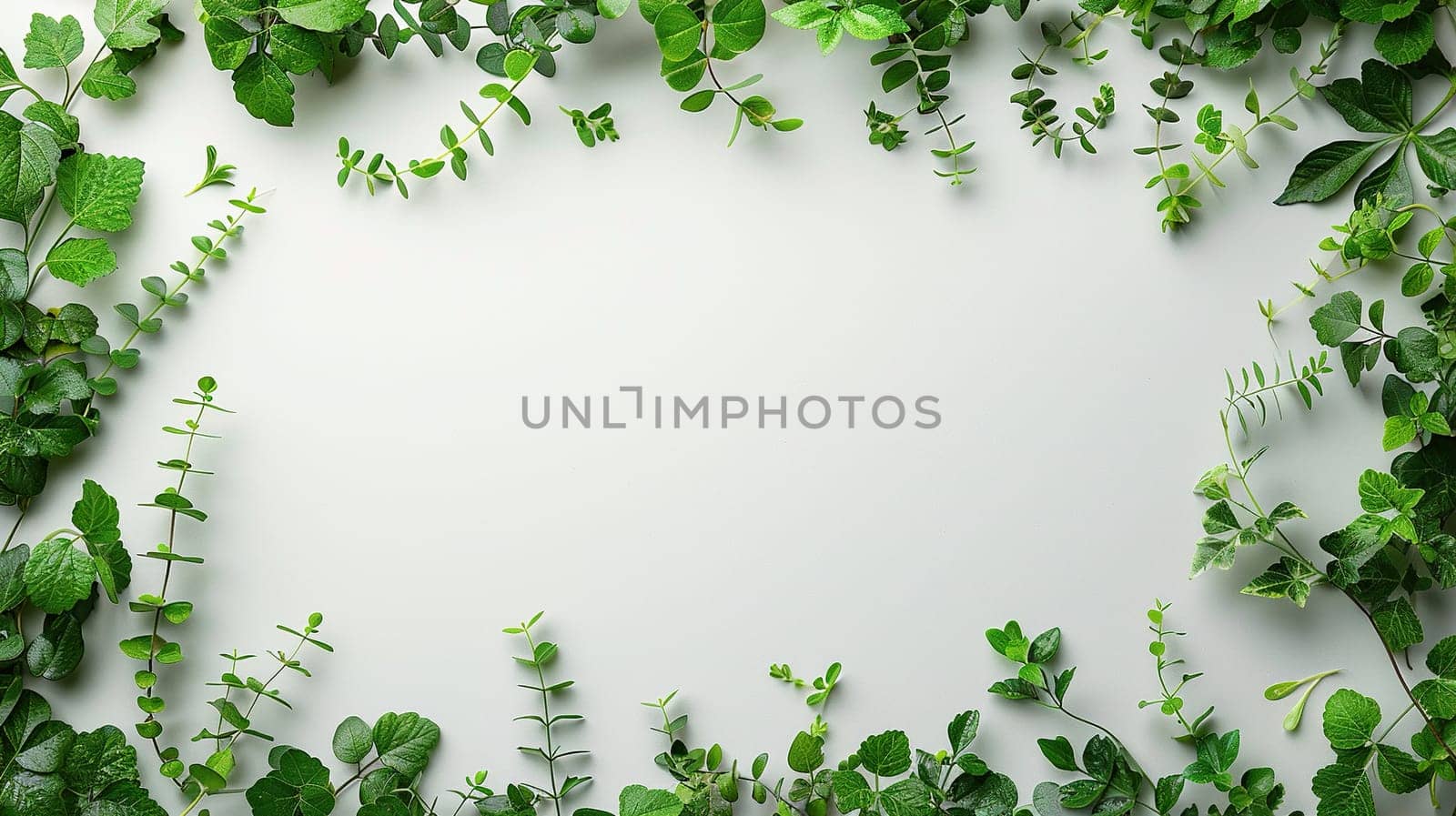Modern white green background with greenery frame. Cover background for website design, social media advertising banner, flyer, invitation card. Generated by artificial intelligence by Vovmar