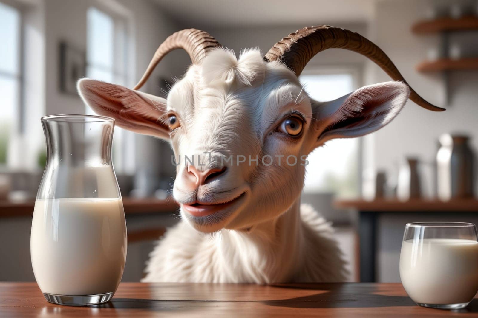 cute goat looking at fresh milk in a glass .