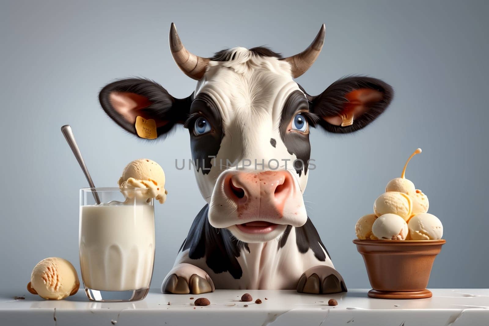 cute cow looking at milk ice cream in a glass .
