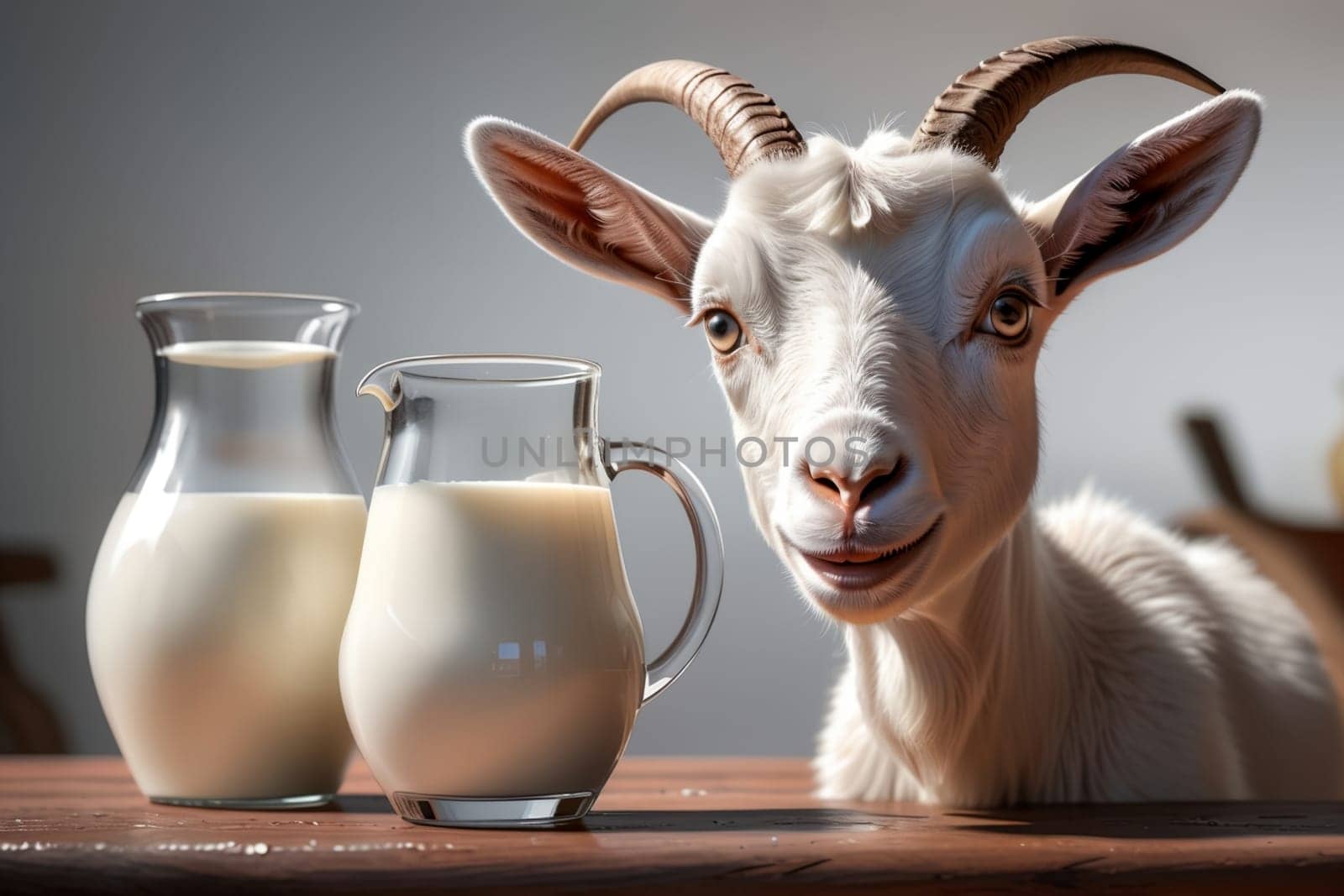 cute goat looking at fresh milk in a glass by Rawlik