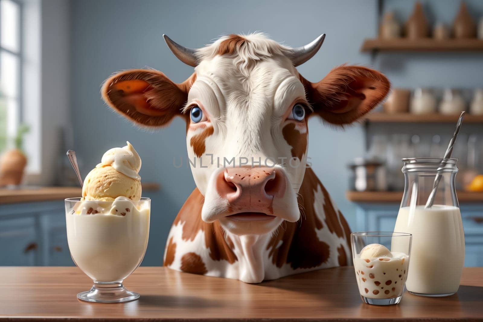 cute cow looking at milk ice cream in a glass .