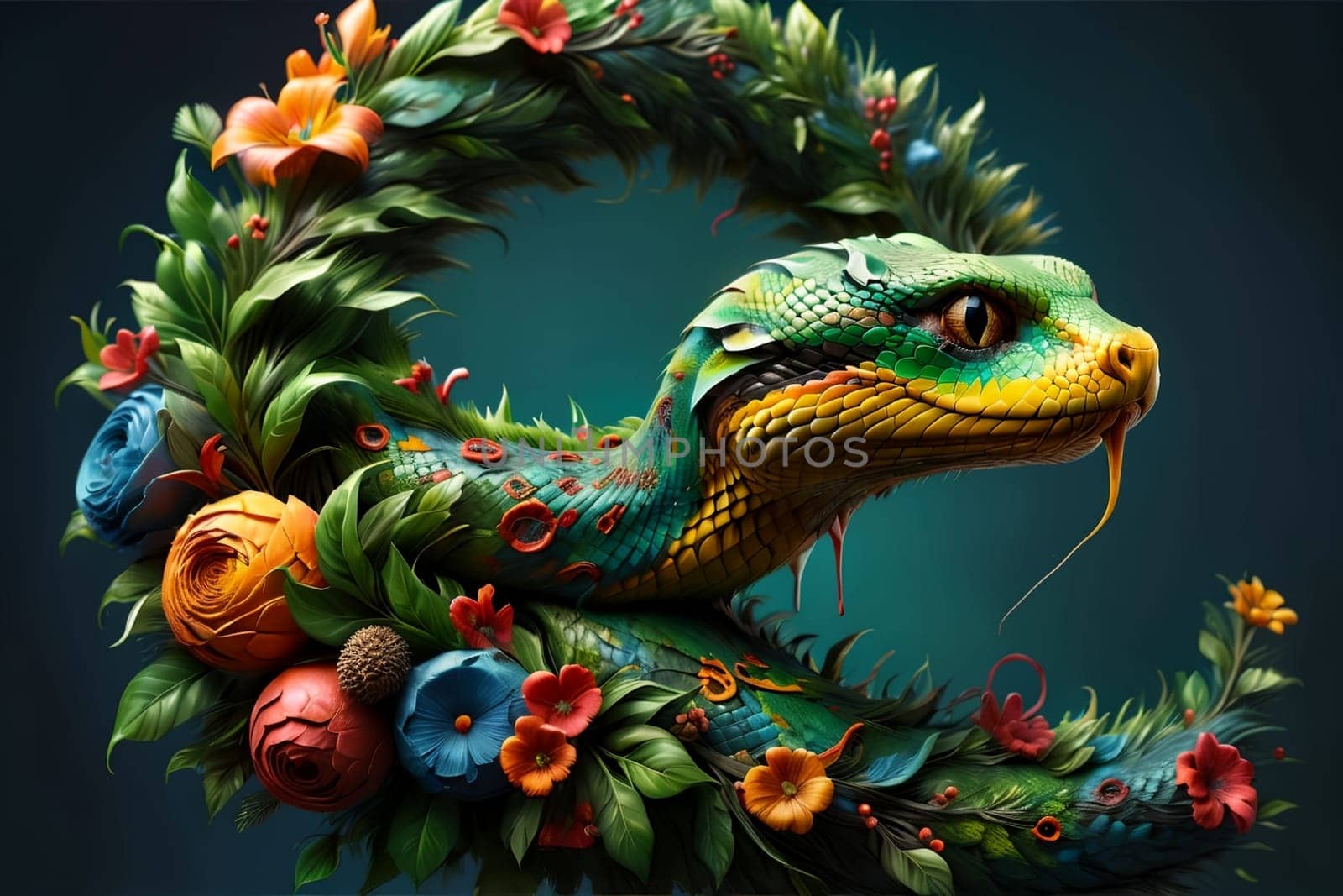 Christmas tree wreath with green snake .