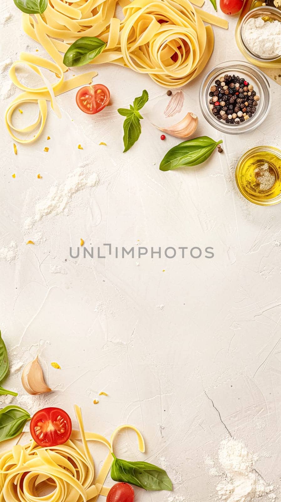 Pasta recipe preparation flatlay background with ingredients, spaghetti, olive oil, garlic, tomatoes and spices in the kitchen, homemade food recipe idea