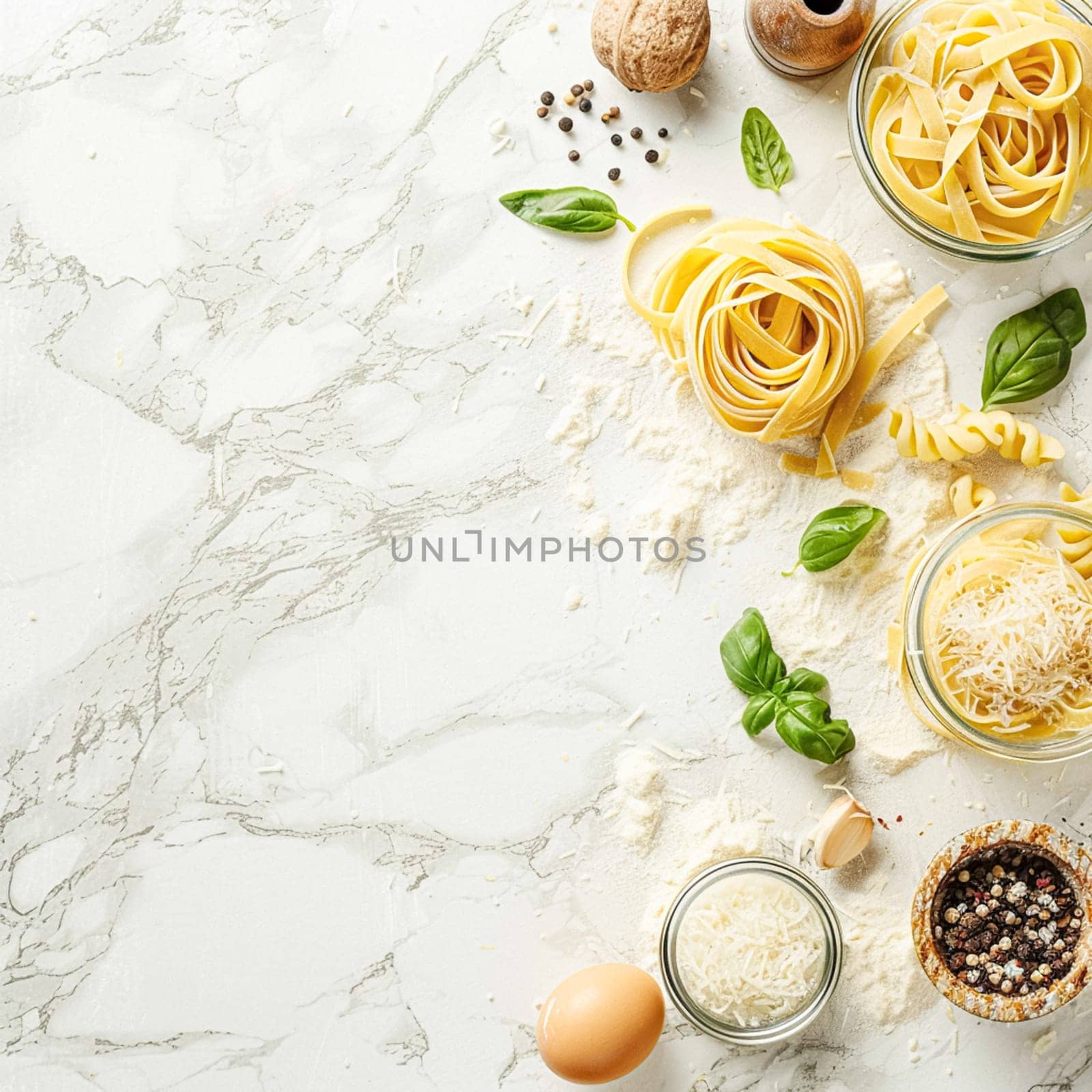 Pasta recipe preparation flatlay background with ingredients, spaghetti, olive oil, garlic, tomatoes and spices in the kitchen, homemade food recipe by Anneleven