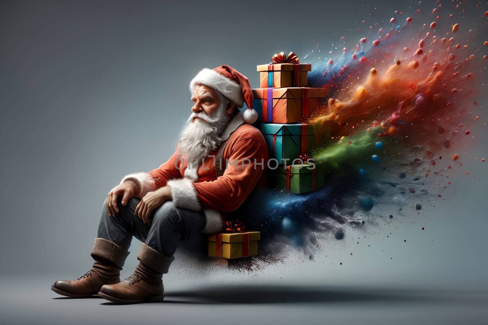 portrait of a happy Santa Claus with gifts .