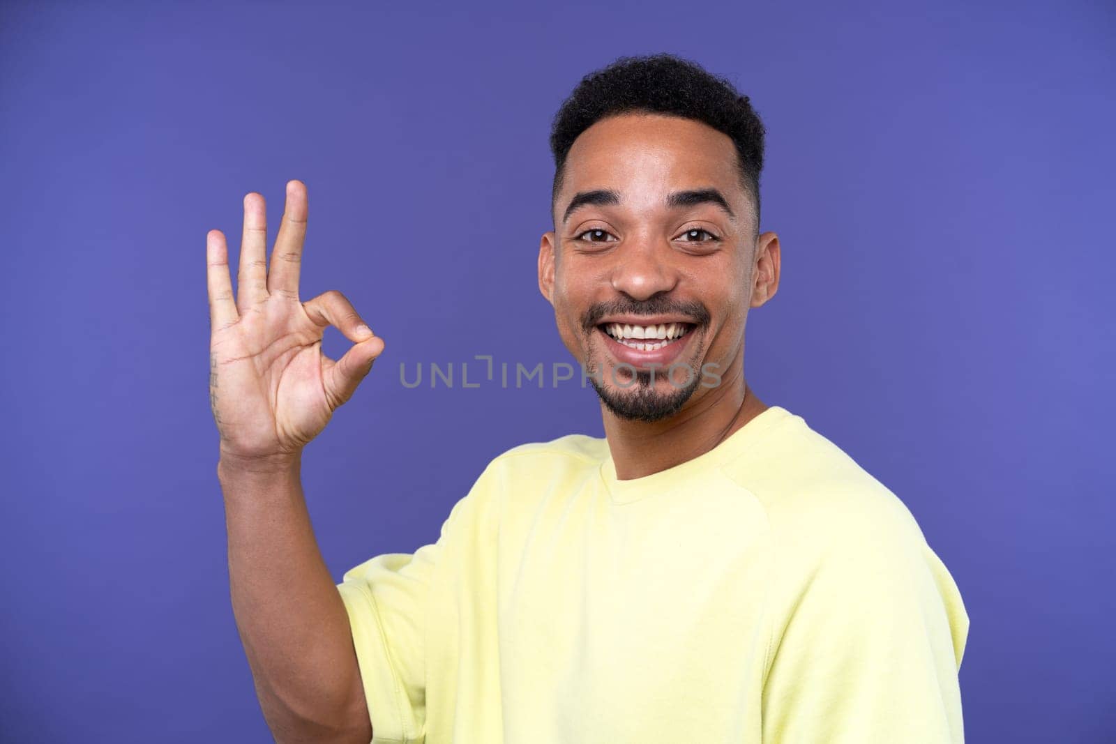 Emotional young black guy in casual raising fists up studio background, celebrating success, happy handsome african american millennial man sharing good emotions, copy space