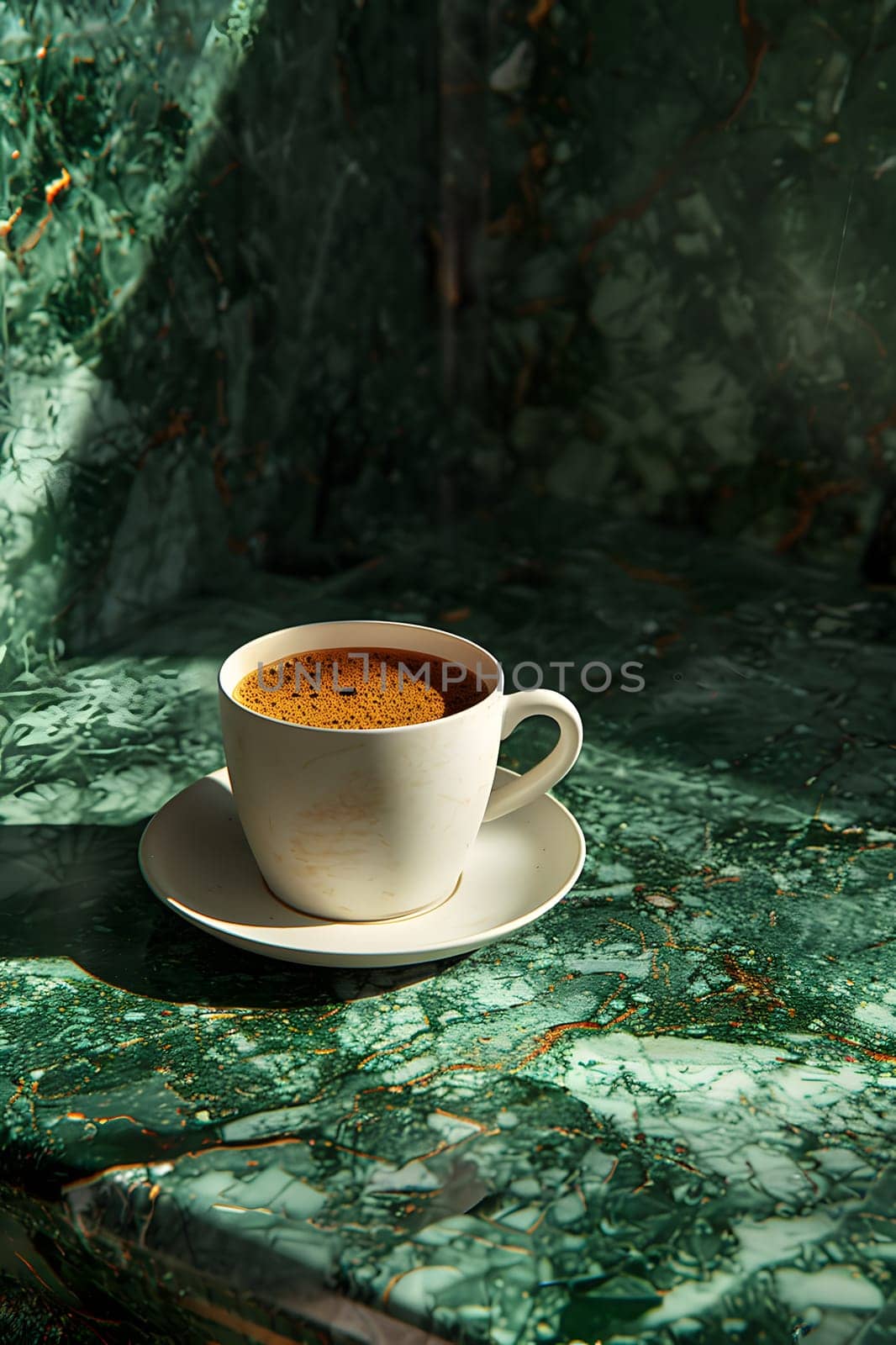 A singleorigin coffee cup with saucer is placed on Tableware on a green marble surface, ready to be enjoyed as a delicious drink