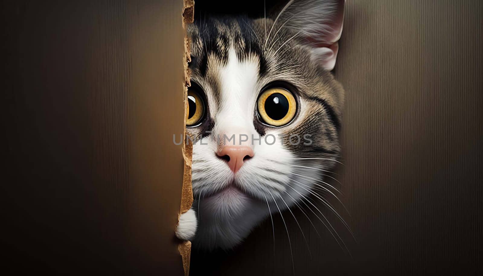 A frightened cat peeks out from around the corner, with copy space. Generative AI,