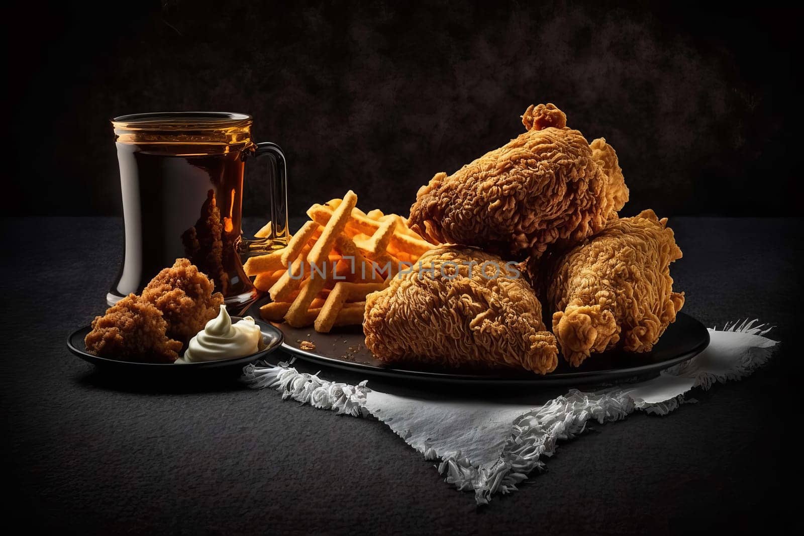Fried chicken, fast food, chicken pieces dark black background, Generative AI.