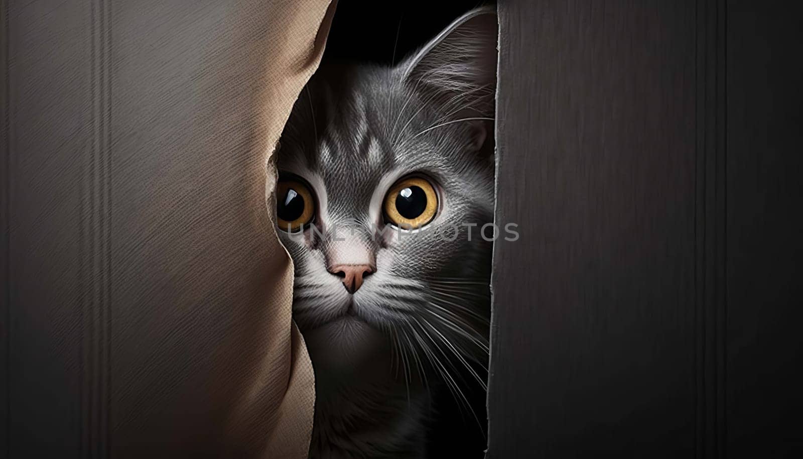 A frightened cat peeks out from around the corner, with copy space. Generative AI, by mila1784
