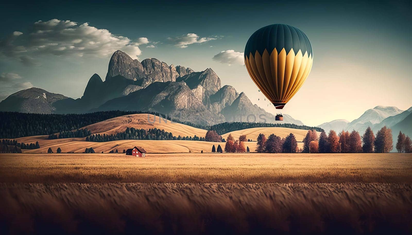 The hot air balloon flies in the sky over the fields and mountains. Generative AI. by mila1784