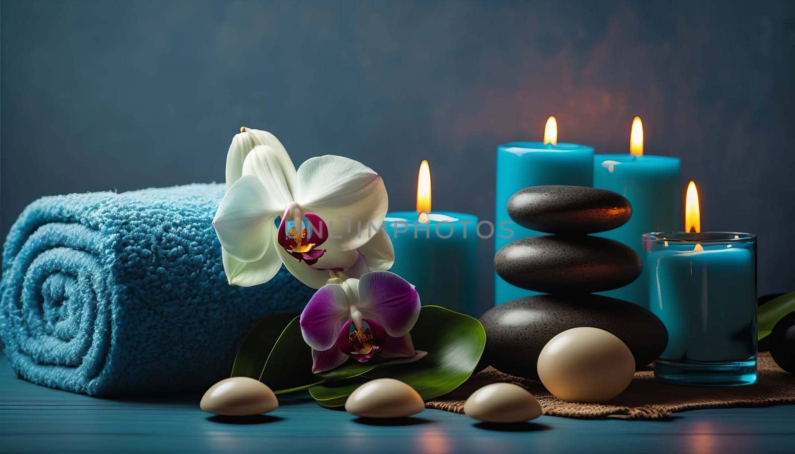 skin care spa set, decoration, candle and towels, oil bottle and green leaves and blossoms. Generative AI, by mila1784