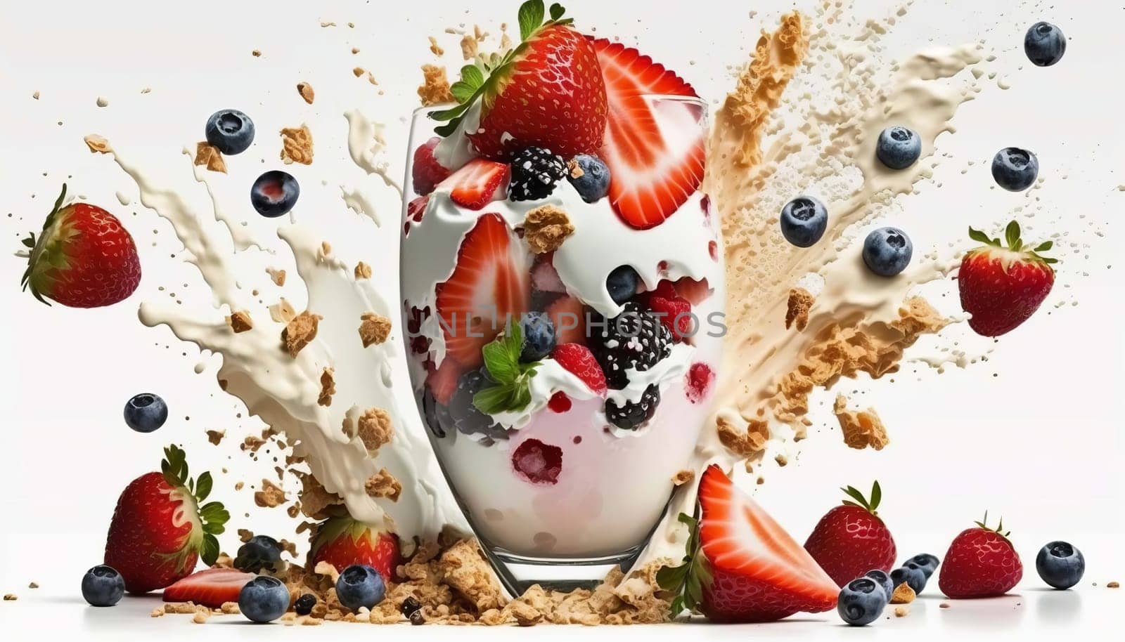Yogurt with a mixture of berries, strawberries and muesli, isolate on a white background. Generative AI,
