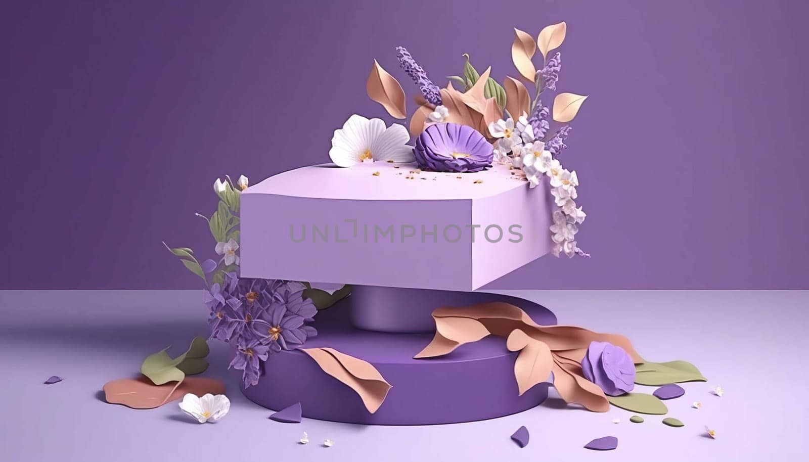 background, cosmetic product promotion podium, floral, pastel pedestal. Generative AI, by mila1784