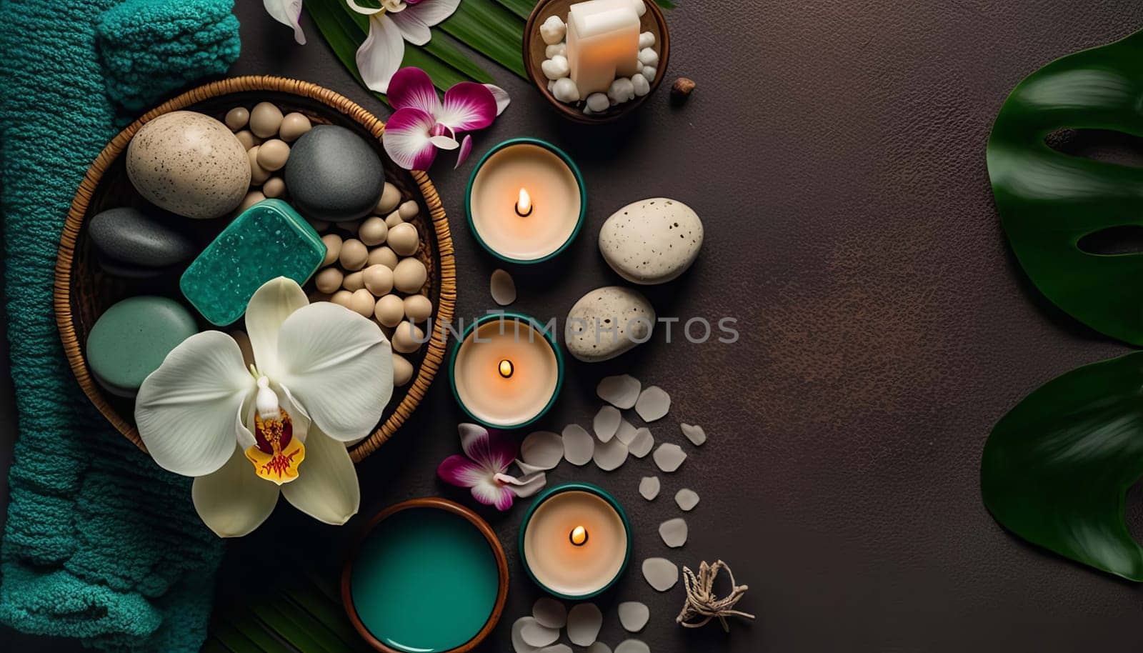 skin care spa set, decoration, candle and towels, oil bottle and green leaves and blossoms. Generative AI,