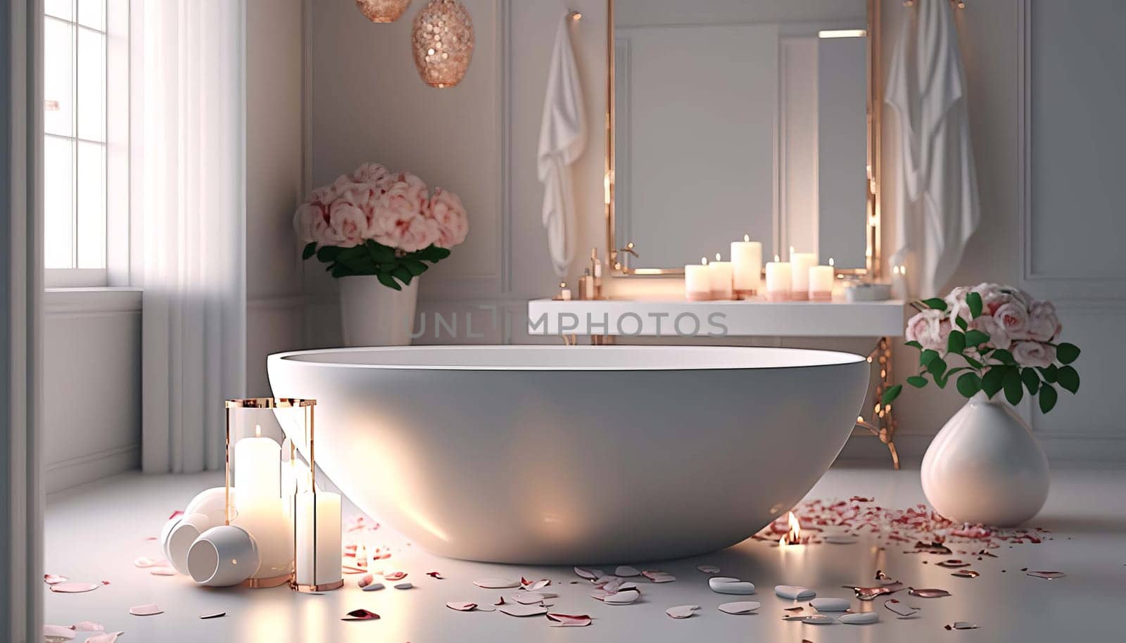 Elegant white bathroom interior with romantic atmosphere, burning candles and rose petals. Generative AI, by mila1784