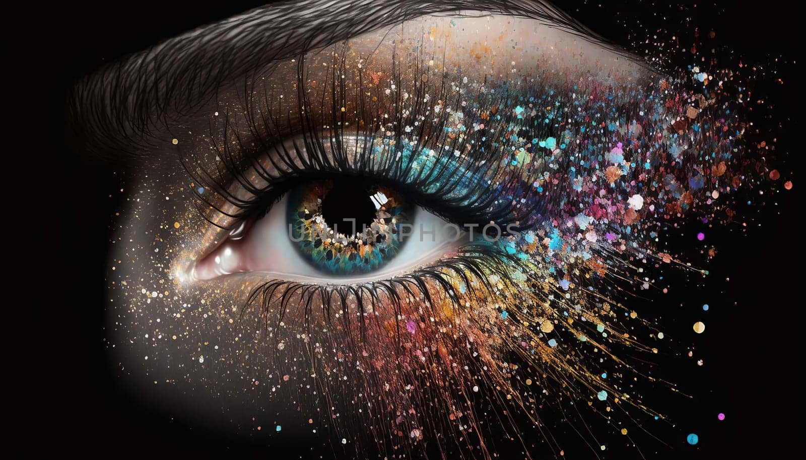 Eye on a black background and a lot of glitter makeup. Generative AI,