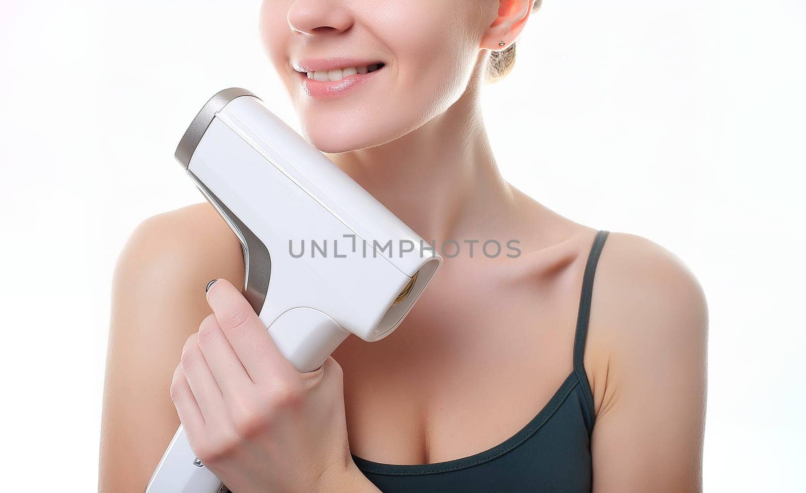 home modern laser epilator in a woman's hand. Hair Remover offering Permanently Smooth Skin. Flash Epilator Laser on a pink background. Female blog concept. Photoepilator for home use.