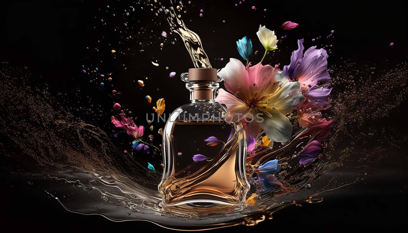 Perfume with floral aroma burst. Generative AI, by mila1784