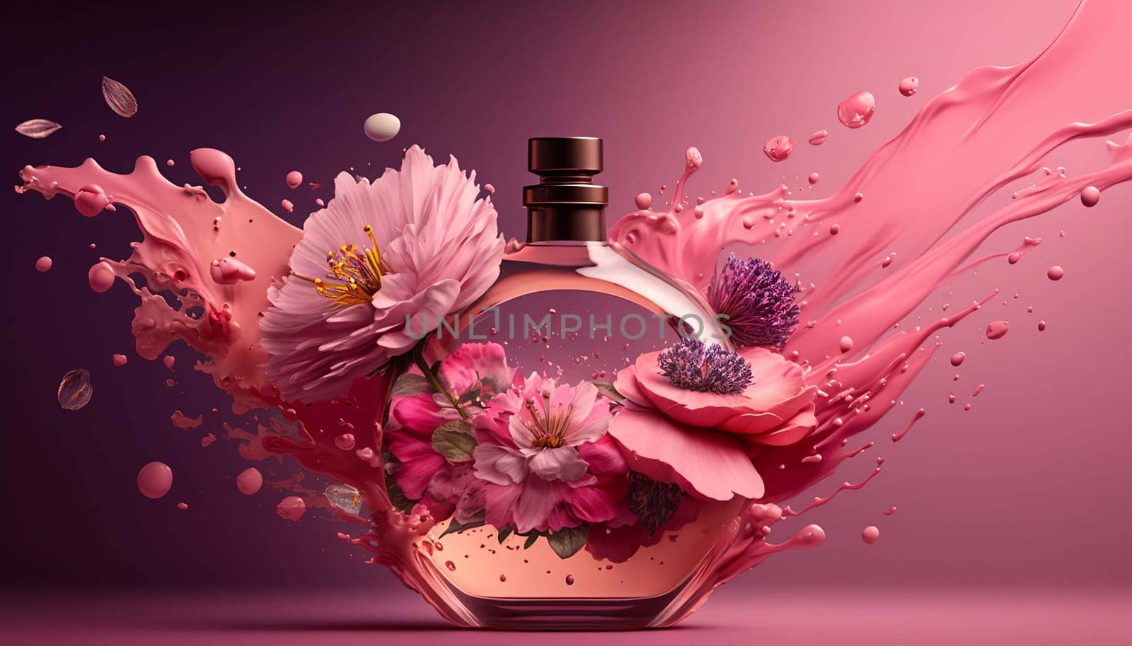 Perfume with floral aroma burst. Generative AI, by mila1784