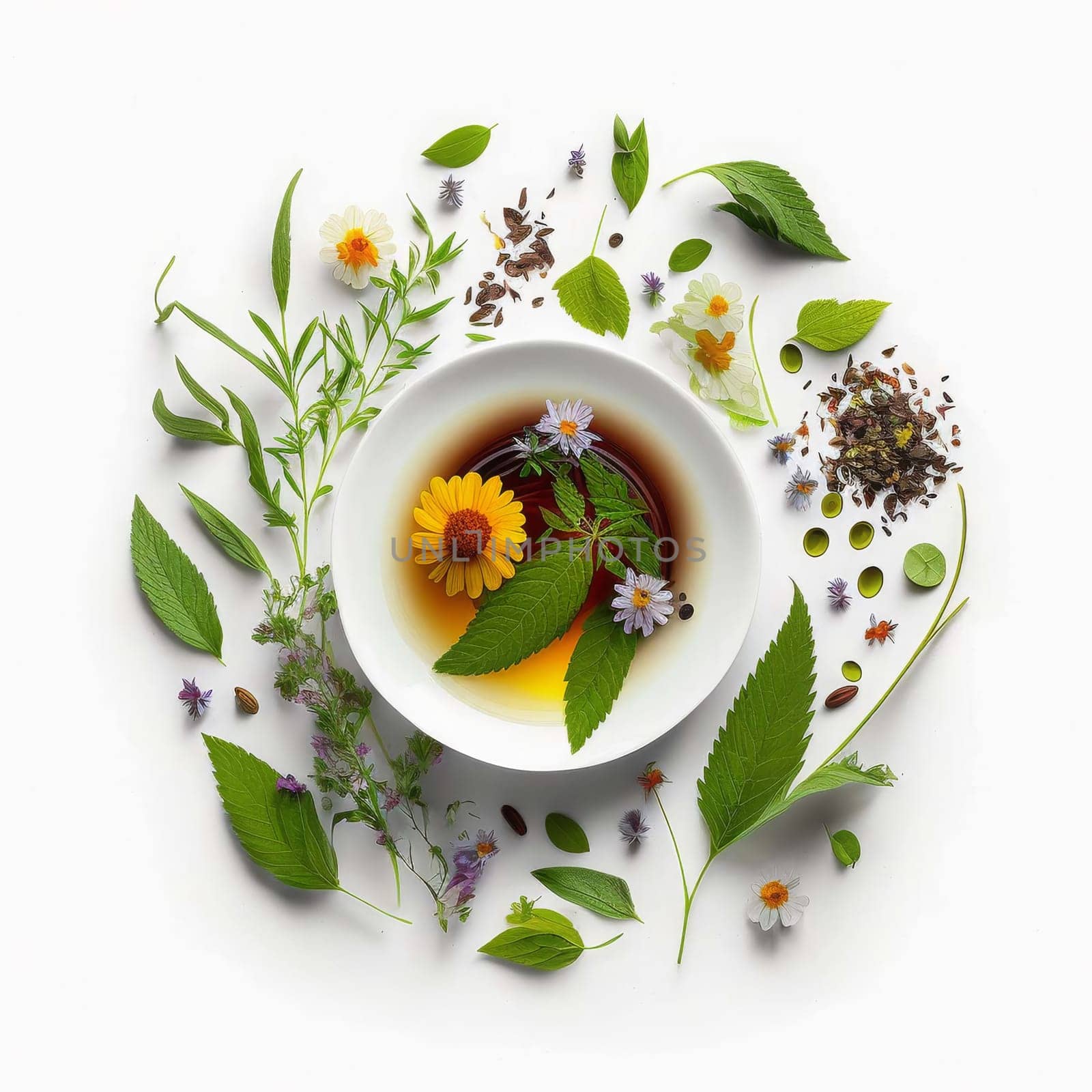 Tea with herbs and flowers in a cup top view. Generative AI,