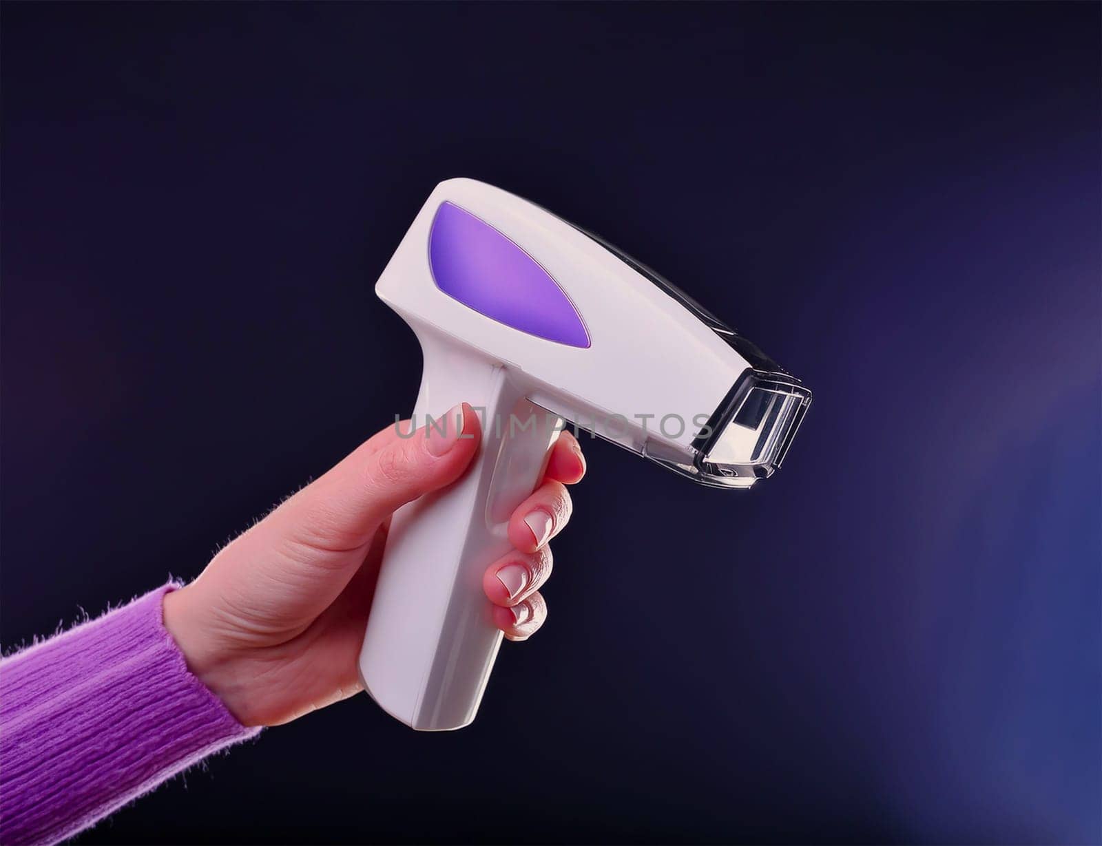 home modern laser epilator in a woman's hand. Hair Remover offering Permanently Smooth Skin. Flash Epilator Laser on a pink background. Female blog concept. Photoepilator for home use.