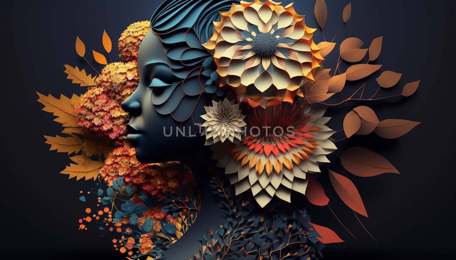 Abstract woman with flower arrangement. Generative AI,