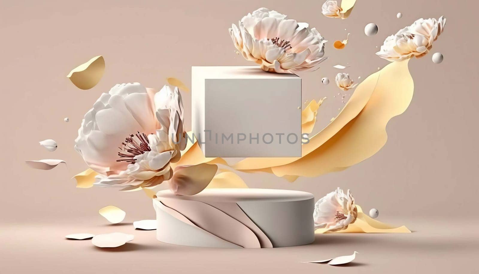 background, cosmetic product promotion podium, floral, pastel pedestal. Generative AI, by mila1784