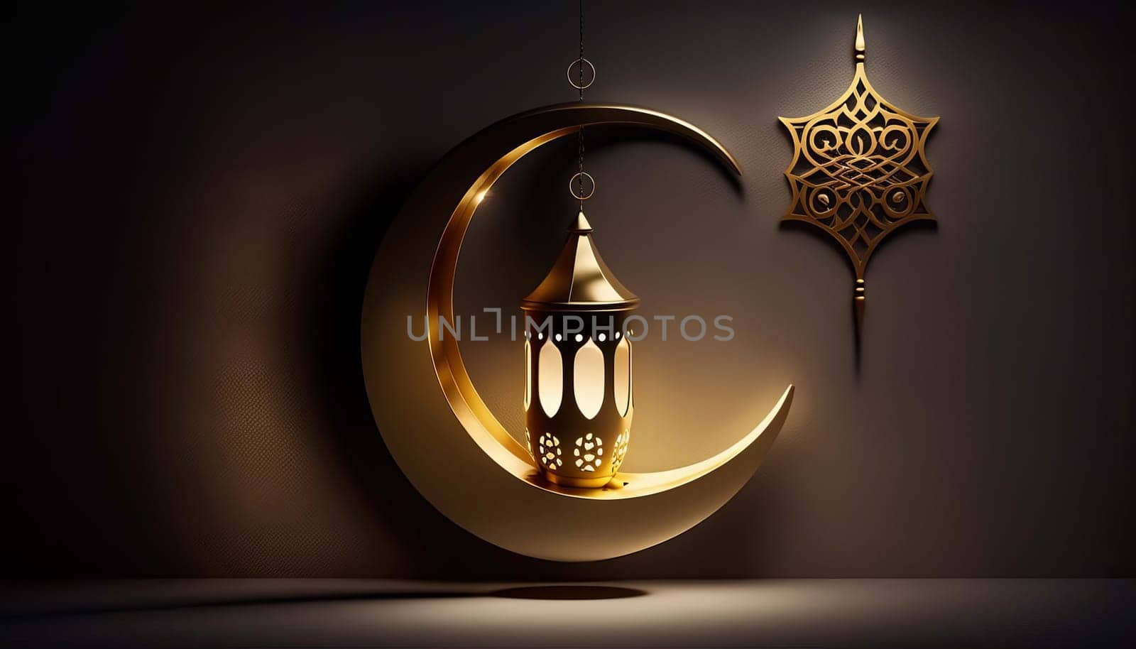 Luminaire in the shape of a golden crescent and an Arabic pendant lamp for the Islamic holiday of Ramadan. Generative AI,