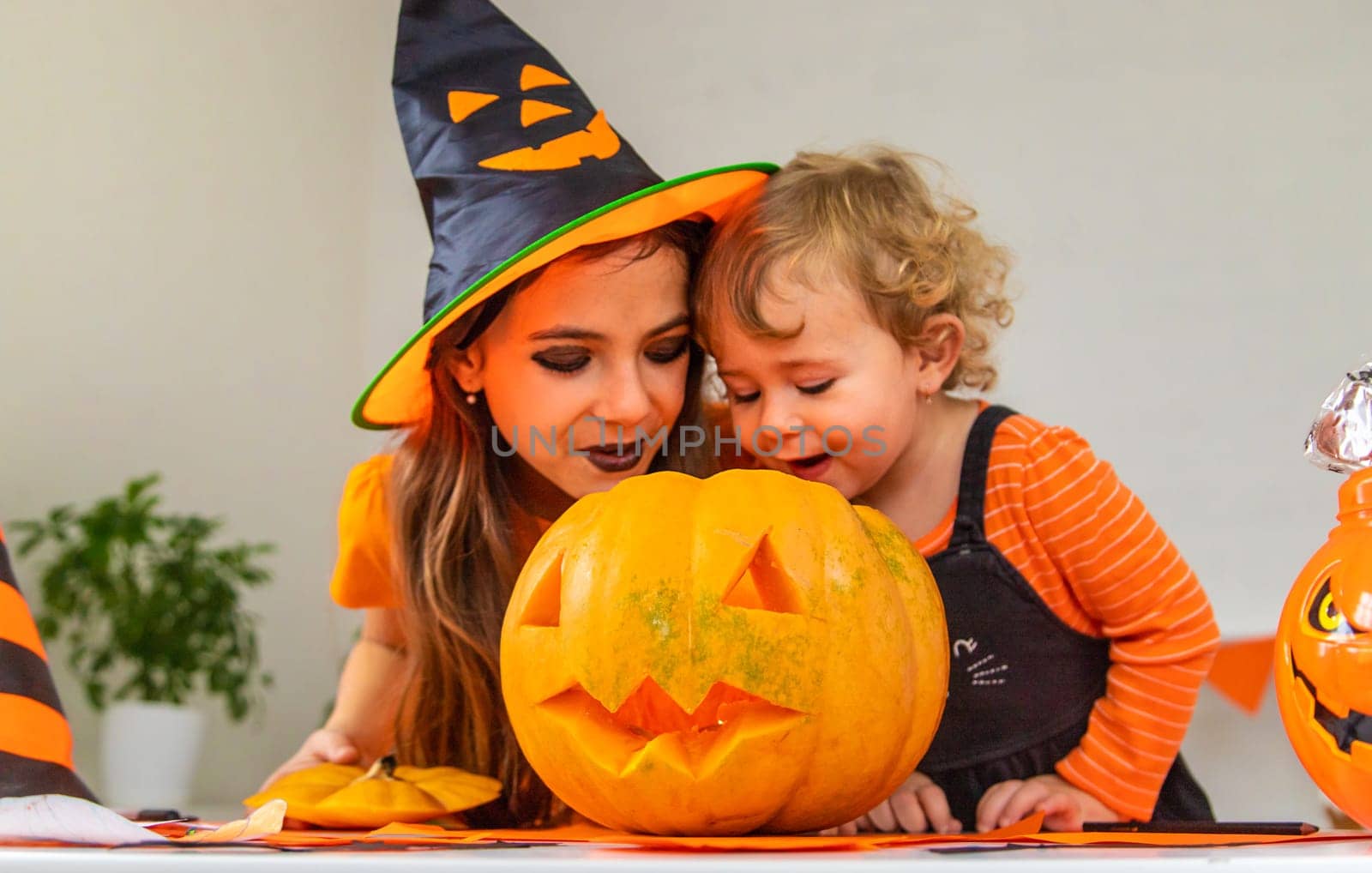 Halloween kids home holiday joy. Selective focus. Children.