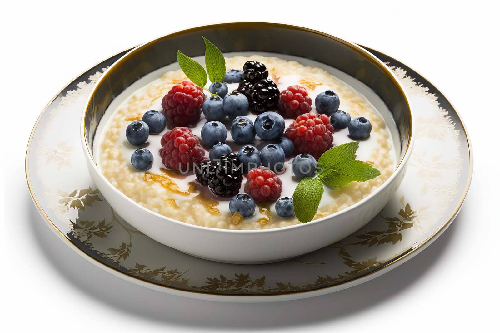 Healthy breakfast porridge with berries on a plate isolate on a white background. Generative AI, by mila1784