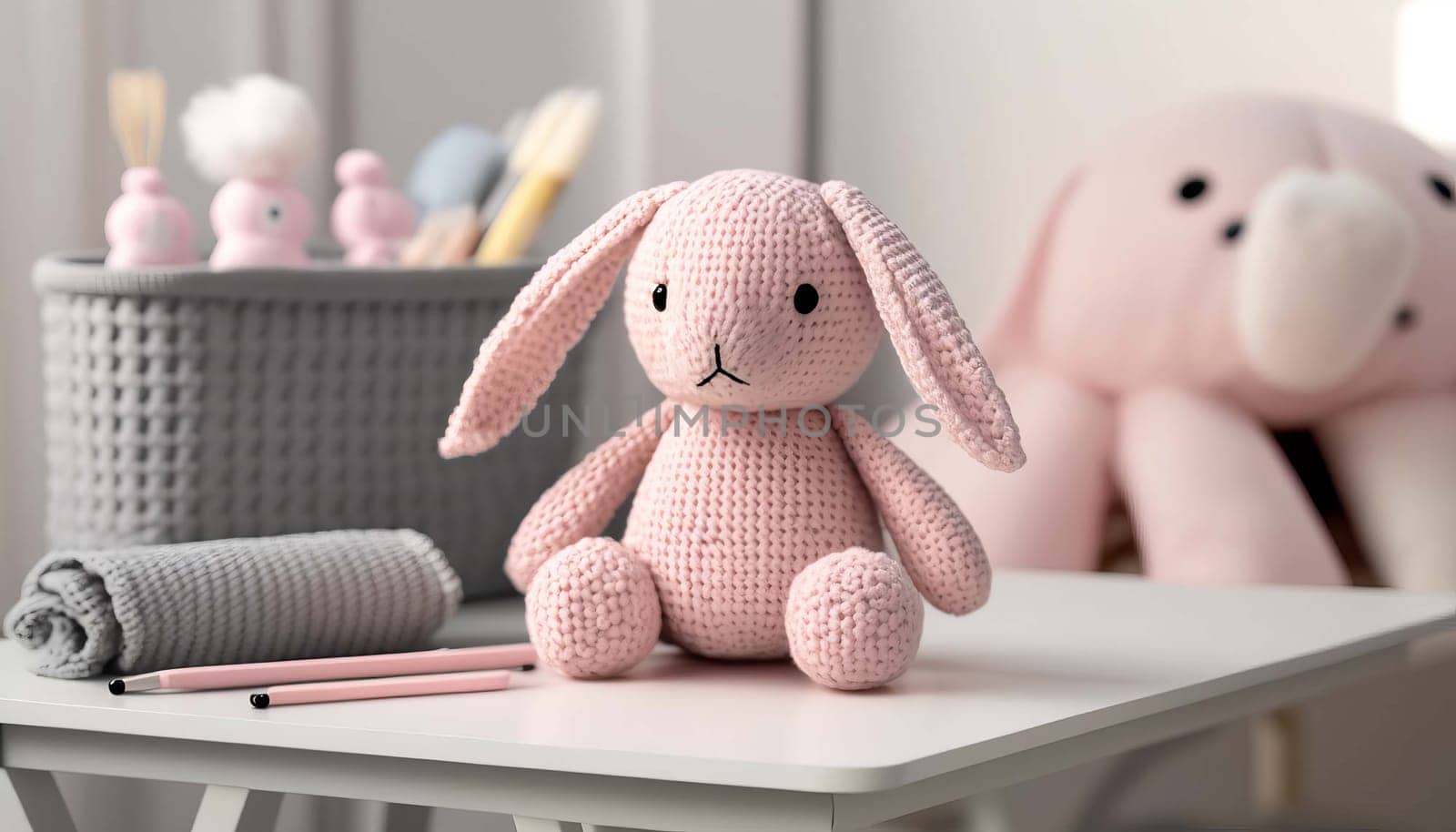 table with a plush toy hare in the baby room. Generative AI,