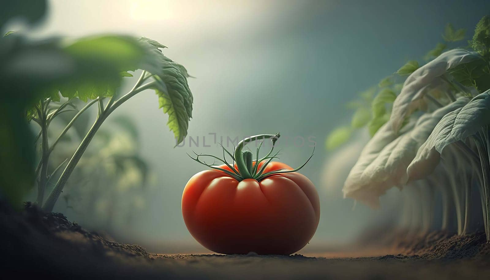 Tomatoes on a branch in a greenhouse. Generative AI, by mila1784
