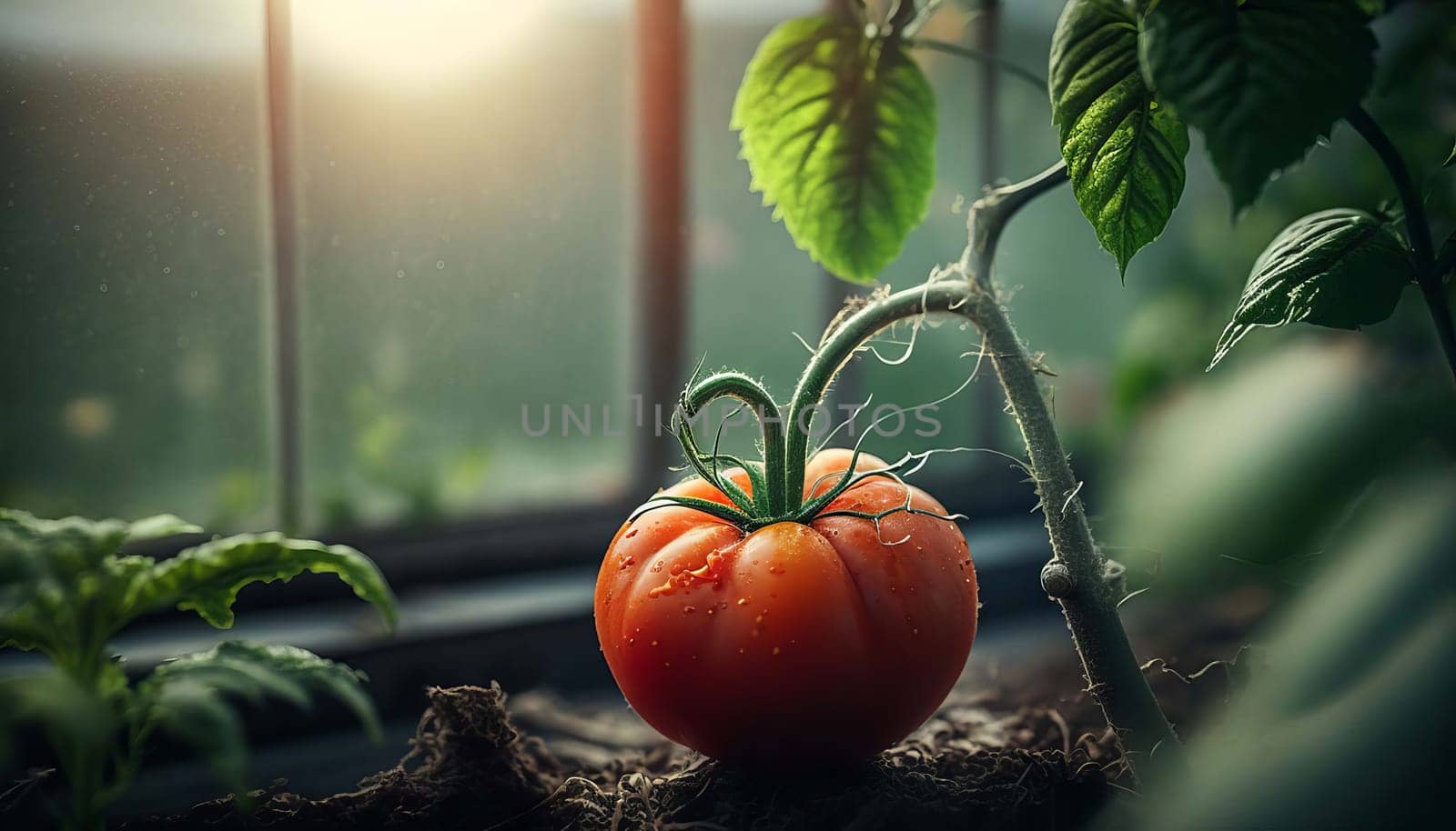 Tomatoes on a branch in a greenhouse. Generative AI, by mila1784
