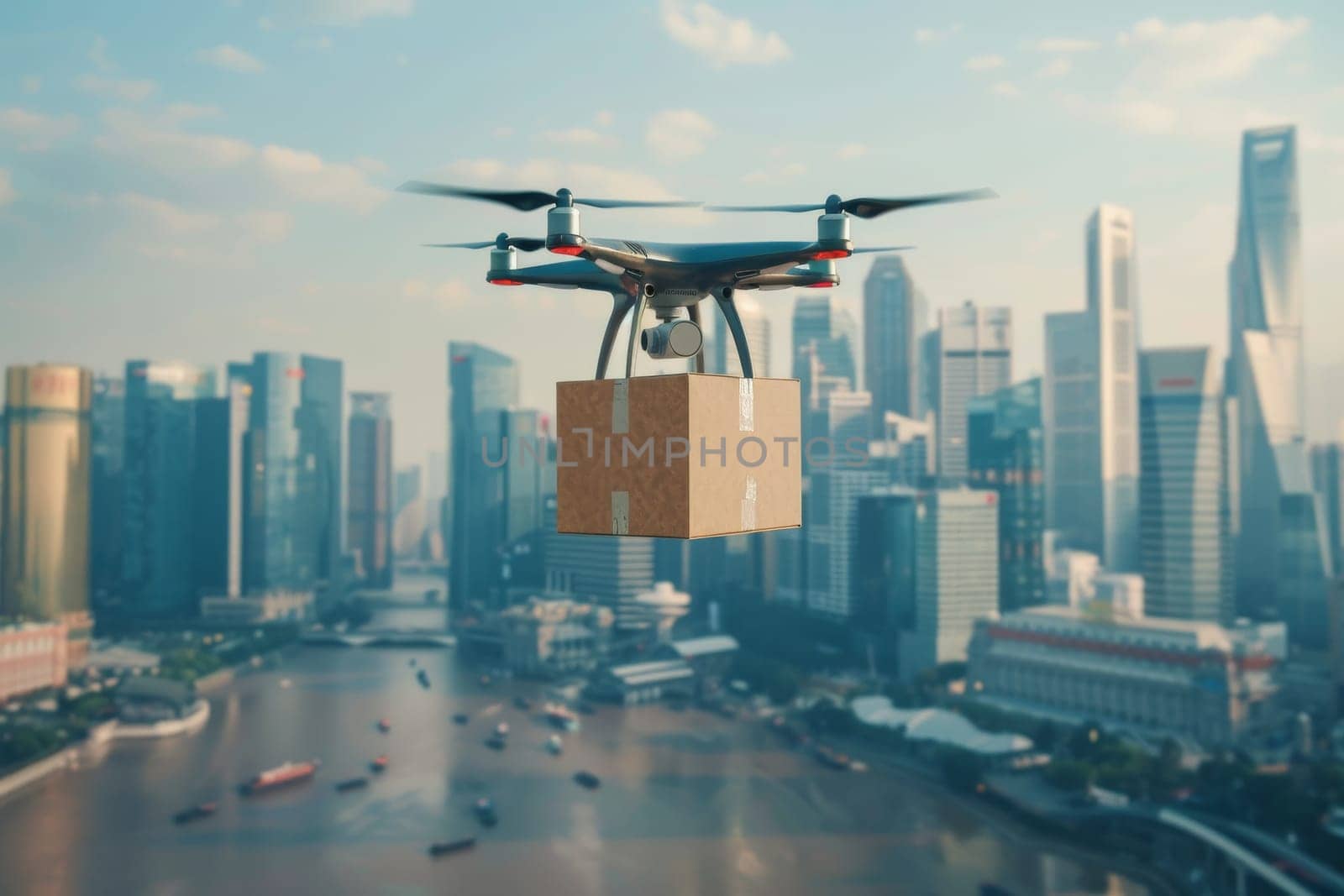 A drone is flying over a city with a box on it. Logistic concept.