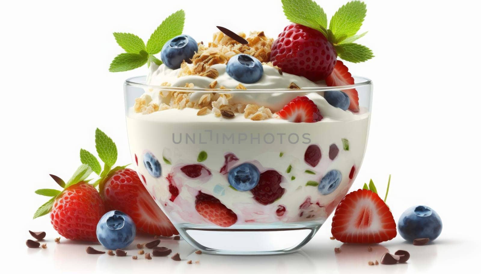 Yogurt with a mixture of berries, strawberries and muesli, isolate on a white background. Generative AI, by mila1784