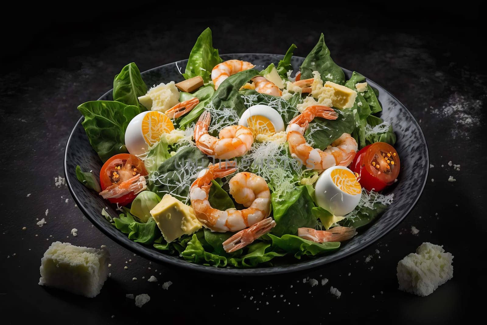 caesar salad with shrimp products studio photo, dark black background. Generative AI,
