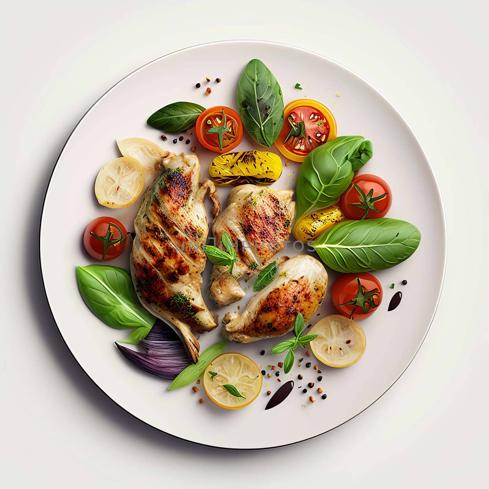 Grilled chicken with vegetables on a plate isolate on a white background. Generative AI,