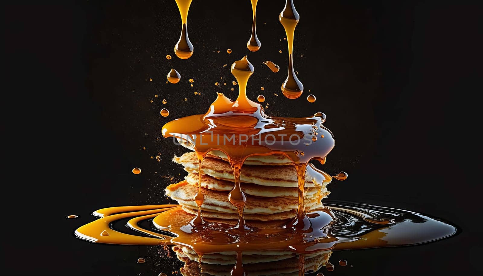 a pile of pancakes with maple syrup and honey flows from above onto pancakes on a black background. Generative AI,