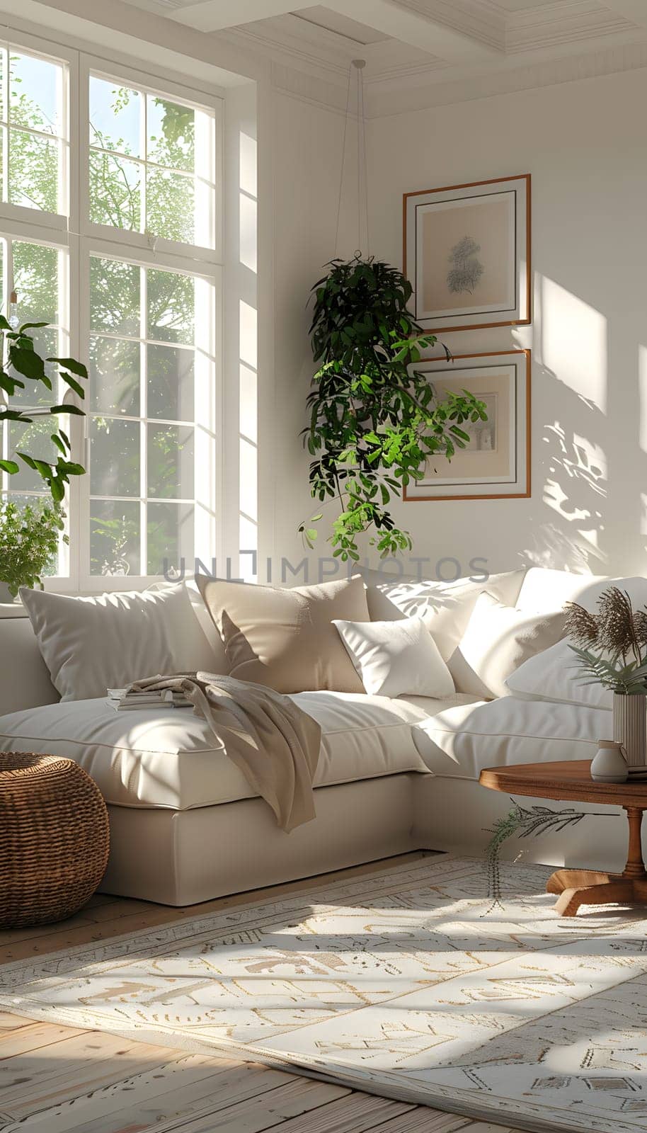 A living room with hardwood flooring, a comfortable couch, a coffee table, and plenty of windows providing natural light and views of green plants outside