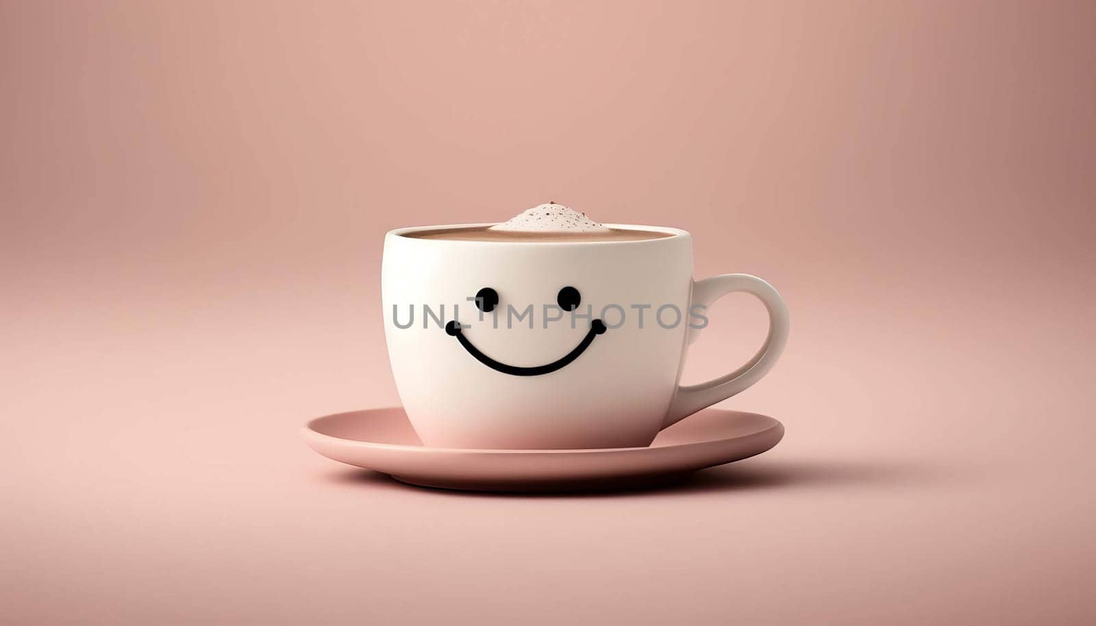 latte coffee in a cup minimalism smile pink background. Generative AI.