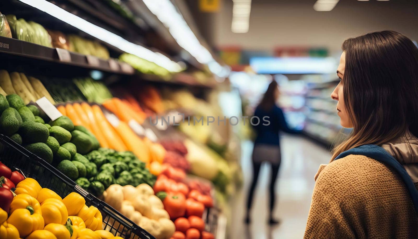 A woman in a supermarket looks at the products soft focus. Generative AI, by mila1784